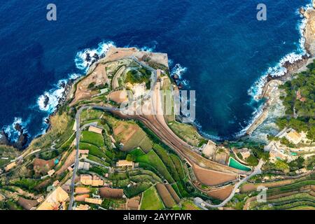Veduta aerea, terreno terrazato a Place Banyalbufar, Europa, Isole Baleari, Spagna, piattaforma Di Osservazione, Banyalbufar, ES, Espana, Costa, Coastal reg Foto Stock