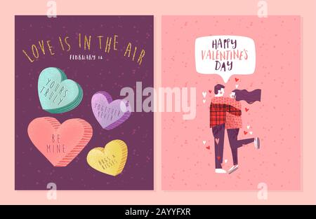 Happy valentine's day greeting card illustrazione disegnata a mano con divertente dolce cuore caramella e persone innamorate per una vacanza romantica. Illustrazione Vettoriale