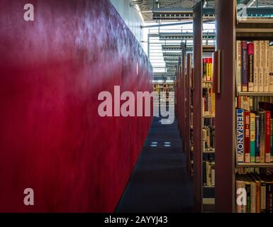 Corridoio di librerie impilate con libri alla Burton Barr Central Library nel centro di Phoenix, Arizona. Foto Stock