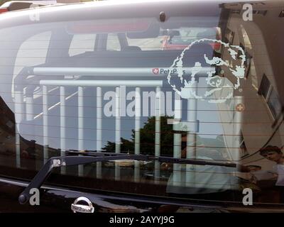 Auto con scatola per il trasporto di cani e autoadesivo per cani, Germania Foto Stock