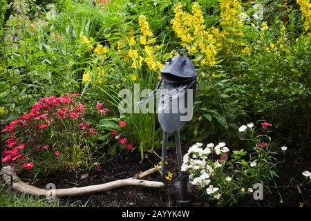 Violino che suona la scultura di rana di metallo nero al bordo piantato con Dianthus rosa, Campanula bianca persicifolia e Lysimachia giallo fiori puntata. Foto Stock