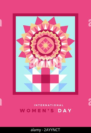 Biglietto d'auguri internazionale di un giorno da donna illustrazione del simbolo femminile rosa in astratto stile geometrico. Donna segno fatto con mosaico piatto patchwork flo Illustrazione Vettoriale