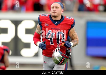 Houston, Texas, Stati Uniti. 16th Feb, 2020. Houston Roughnecks linebacker Ty Schwab (40) prima del gioco di stagione regolare XFL contro i St. Louis Battlehawks al TDECU Stadium di Houston, TX il 16 febbraio 2020. Credito: Erik Williams/Zuma Wire/Alamy Live News Foto Stock