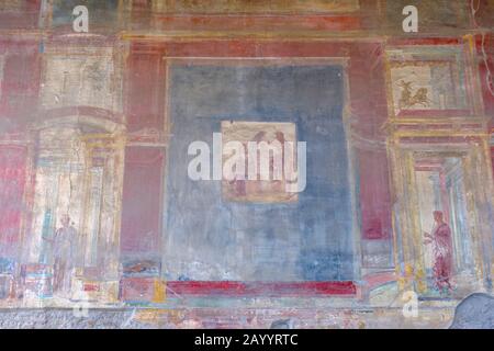 Affresco di Pompei, affreschi romani di Pompei Macellum, angolo nord-ovest della parete ovest, pittura murale di Io ascoltando Argus, Argo, Pompei, Italia. Foto Stock