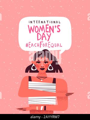 Illustrazione della giornata internazionale delle donne. Donna femminista personaggio fare uguaglianza braccio gesto, ciascuno per uguale campagna disegno in rosa a mano disegnato caroo Illustrazione Vettoriale