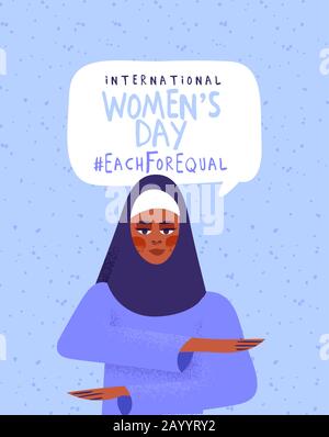 Illustrazione della giornata internazionale delle donne. Donna musulmana che fa il gesto di uguaglianza braccio, ciascuno per la progettazione uguale o diversità della campagna. pasqua di mezzo Illustrazione Vettoriale