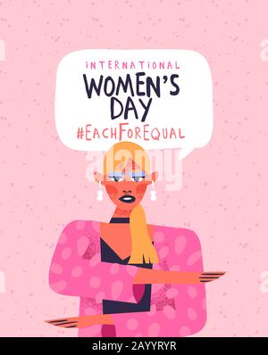 Illustrazione della giornata internazionale delle donne. Donna femminista personaggio fare uguaglianza braccio gesto, ciascuno per uguale campagna disegno in rosa a mano disegnato caroo Illustrazione Vettoriale