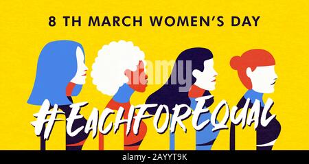 Giornata Internazionale della Donna ogni per uguale campagna banner di diverse culture donne gruppo in astratto colorato cartone animato stile. Illustrazione Vettoriale