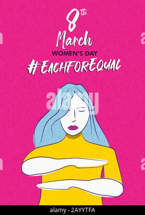 Giornata Internazionale della Donna ciascuno per la campagna Equal biglietto d'auguri della donna che fa il gesto del braccio di uguaglianza. Illustrazione di evento di festa di diritti delle donne. Illustrazione Vettoriale