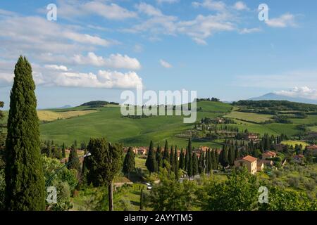 Vista dal borgo medievale di Monticchiello in Val d'Orcia vicino Pienza in Toscana. Foto Stock