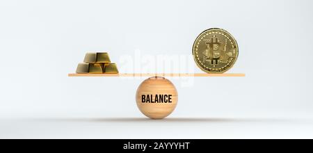 Bilancia in legno bilanciamento bitcoin e barre d'oro e barre d'oro e LA parola EQUILIBRIO su sfondo bianco anteriore - 3D rappresentato illustrazione Foto Stock