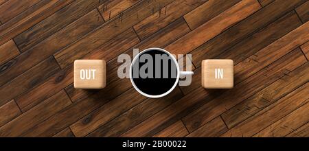 Tazza di caffè e cubetti con le parole FUORI e DENTRO su sfondo di legno - illustrazione 3D resa Foto Stock