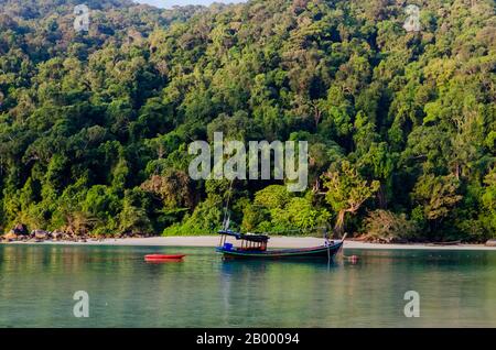 Barche Longtale sulla splendida spiaggia tropicale, Surin isola, Thailandia Foto Stock