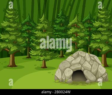 Scena con piccola grotta nella grande foresta illustrazione Illustrazione Vettoriale