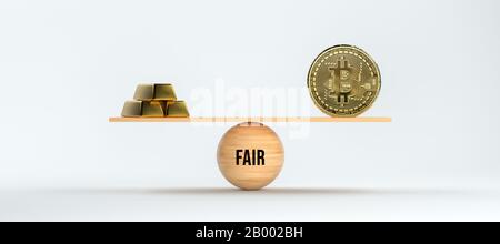 Bilancia in legno bilanciamento bitcoin e barre d'oro e barre d'oro e LA parola FIERA su sfondo bianco anteriore - 3D rendering illustrazione Foto Stock