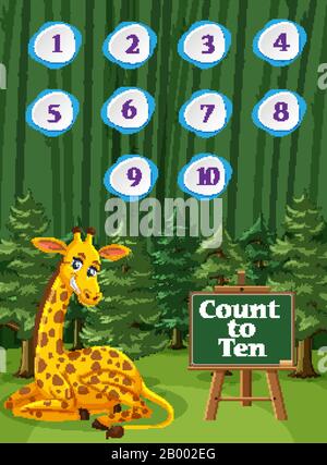 Contando il numero uno a dieci con giraffe nel bosco sfondo illustrazione Illustrazione Vettoriale