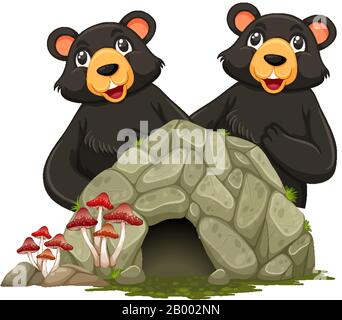Due orsi grizzly e piccola grotta su sfondo bianco illustrazione Illustrazione Vettoriale