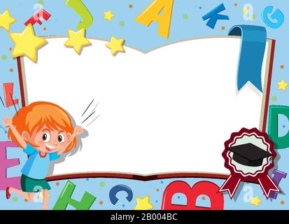 Modello di banner con Happy Girl e alfabeti inglesi in background illustrazione Illustrazione Vettoriale