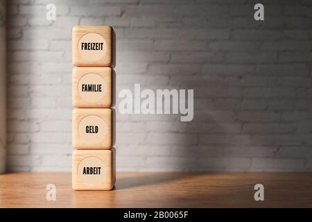Blocchi di legno con le parole tedesche per TEMPO LIBERO, FAMIGLIA, SOLDI e LAVORO su superficie di legno - 3D rappresentazione resa Foto Stock