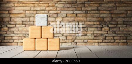 Blocchi di legno vuoti per il proprio testo formato come una piramide su pavimento di legno - 3D illustrazione resa Foto Stock