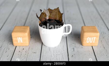 Tazza di caffè e cubetti con le parole FUORI e DENTRO su sfondo di legno - illustrazione 3D rappresentata Foto Stock