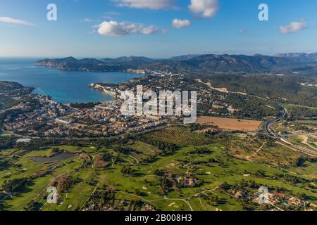 Veduta aerea, Playa Santa Ponsa, Vista locale Santa Ponsa, Calvià, Mallorca, Spagna, Europa, Isole Baleari, terreno permettendo, ES, Espana, vista distante, golf Foto Stock