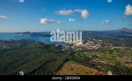 Veduta aerea, Playa Santa Ponsa, Vista locale Santa Ponsa, Calvià, Mallorca, Spagna, Europa, Isole Baleari, terreno permettendo, ES, Espana, vista distante, golf Foto Stock