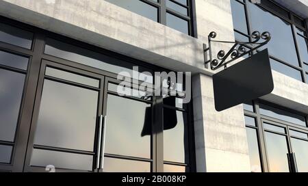 Un segno ornato montato all'esterno di una generica facciata negozio senza marchio sulla strada alta di giorno - 3D rendering Foto Stock