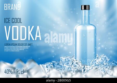 Bottiglia di vodka con cubetti di ghiaccio ad. Bevanda alcolica forte mock up su sfondo blu lucido e gocce d'acqua. Banner pubblicitario sulla vodka. Vettore 3d realistico Illustrazione Vettoriale