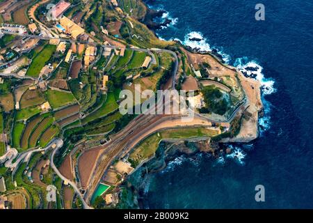 Veduta aerea, terreno terrazato a Place Banyalbufar, Europa, Isole Baleari, Spagna, piattaforma Di Osservazione, Banyalbufar, ES, Espana, Costa, Coastal reg Foto Stock