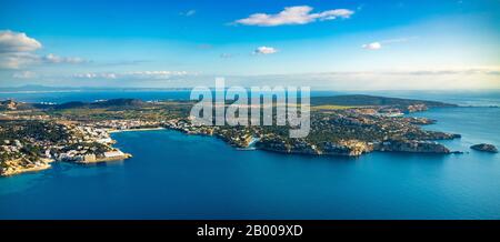 Vista aerea, Playa Santa Ponsa, vista locale Santa Ponsa, Calvià, Mallorca, Spagna, Europa, Isole Baleari, ES, Espana, vista distante, hotel, hotel faci Foto Stock