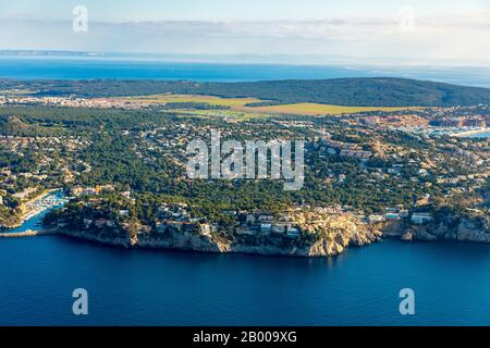 Veduta aerea, vista locale Santa Ponsa, porto Santa Ponsa, Calvià, Mallorca, Spagna, Europa, Isole Baleari, barche, stadio di atterraggio, molo, ES, Espana, Foto Stock