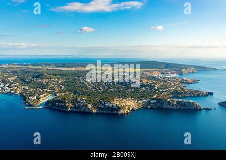 Veduta aerea, vista locale Santa Ponsa, porto Santa Ponsa, Calvià, Mallorca, Spagna, Europa, Isole Baleari, barche, stadio di atterraggio, molo, ES, Espana, Foto Stock