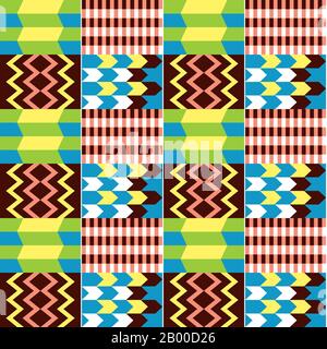 Tessuto africano stile Kente vettore senza cuciture motivo tessile, nwentoma tribale design con motivo geometrico Illustrazione Vettoriale