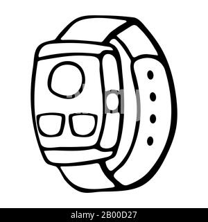 Fitness tracker Smart watch, cartone animato stile vettoriale doodle design. Dispositivo indossabile moderno ed elegante. Illustrazione a profilo isolato Illustrazione Vettoriale