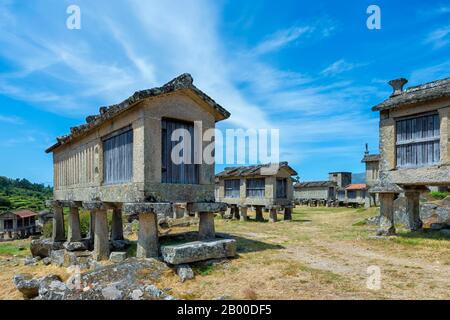 Espigueiros Tradizionale, Granary, Lindoso, Parco Nazionale Peneda Geres, Provincia Minho, Portogallo Foto Stock