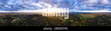 Panorama a 360 gradi, vista dal monastero Santuari de Bonany al tramonto, vicino Petra, fuco fucilato, Maiorca, Isole Baleari, Spagna Foto Stock