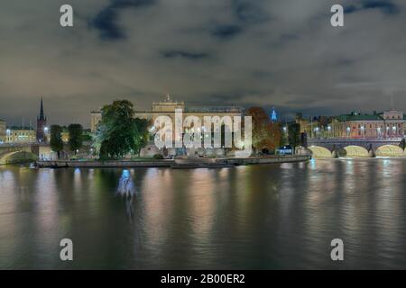 Riksdagshuset Reichstag, Notte, Stoccolma, Svezia Foto Stock