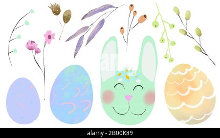 Set di elementi di design di Pasqua. Uova, floreale, coniglio, fiori, rami. Foto Stock