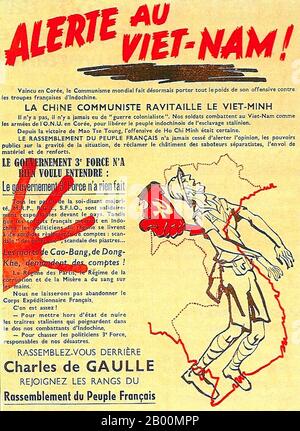 Vietnam: 'Vietnam allerta! La Cina sta ripromellendo il Viet Minh!" Manifesto francese di propaganda anticomunista, c.1952. La prima guerra indochina (conosciuta anche come la guerra francese indochina, la guerra anti-francese, la guerra franco-vietnamita, la guerra franco-Vietminh, la guerra indochina, la guerra sporca in Francia, E la guerra di resistenza anti-francese nel Vietnam contemporaneo) fu combattuta in Indochina francese dal 19 dicembre 1946, fino al 1 agosto 1954, tra il corpo di spedizione francese dell'Unione, sostenuto dall'esercito nazionale vietnamita dell'imperatore Bảo Đại, contro il Việt Minh, guidato da Hồ Chí Minh e Võ Nguyên Giáp. Foto Stock