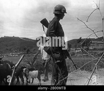 Vietnam: Un agricoltore vietnamita del sud che passa una marina americana in pattuglia, 1965. La seconda Guerra Indocina, nota in America come Guerra del Vietnam, fu un conflitto militare dell'epoca della Guerra fredda che si verificò in Vietnam, Laos e Cambogia dal 1° novembre 1955 alla caduta di Saigon il 30 aprile 1975. Questa guerra seguì la prima guerra dell'Indocina e fu combattuta tra il Vietnam del Nord, sostenuto dai suoi alleati comunisti, e il governo del Vietnam del Sud, sostenuto dagli Stati Uniti e da altre nazioni anticomuniste. Il governo degli Stati Uniti considerava il coinvolgimento nella guerra come un modo per impedire un'acquisizione comunista del Vietnam del Sud. Foto Stock
