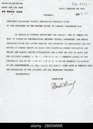 Vietnam: Telegramma da ho Chi Minh al presidente Truman datato 28 febbraio 1946. La seconda Guerra Indocina, nota in America come Guerra del Vietnam, fu un conflitto militare dell'epoca della Guerra fredda che si verificò in Vietnam, Laos e Cambogia dal 1° novembre 1955 alla caduta di Saigon il 30 aprile 1975. Questa guerra seguì la prima guerra dell'Indocina e fu combattuta tra il Vietnam del Nord, sostenuto dai suoi alleati comunisti, e il governo del Vietnam del Sud, sostenuto dagli Stati Uniti e da altre nazioni anticomuniste. Foto Stock