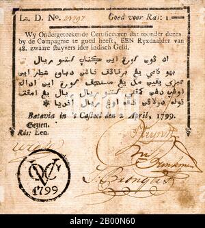 Indonesia: Il primo denaro cartaceo delle Indie Orientali olandesi, 1799. Alla fine del XVIII secolo, il primo denaro cartaceo apparve nelle Indie olandesi. Le banconote sono state emesse dalla Compagnia Olandese delle Indie Orientali (VOC) che rappresentava gli interessi olandesi in Oriente. Le Indie orientali olandesi (in olandese Nederlands-Indië; in indonesiano Hindia-Belanda) furono la colonia olandese che divenne l'Indonesia moderna dopo la seconda guerra mondiale Fu formato dalle colonie nazionalizzate dell'ex Compagnia Olandese delle Indie Orientali che venne sotto l'amministrazione dei Paesi Bassi nel 1800. Foto Stock