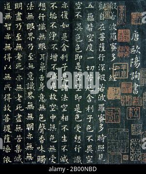 Cina: Script cinese. Tang Dynasty Heart Sutra attribuito a Oh-Yang Sheun (557-641), c.. VI-VII secolo d.C. Il cuore Sūtra, appartenente alla categoria perfezione della saggezza (Prajñāpāramitā) della letteratura buddista Mahāyāna insieme al Diamante Sūtra, è forse il più importante rappresentante del genere. Il cuore Sūtra è composto da 14 shloka in sanscrito, con ogni shloka contenente 32 sillabe. Nella traduzione cinese standard di Xuanzang, ha 260 caratteri cinesi. In inglese è composto da sedici frasi. Foto Stock