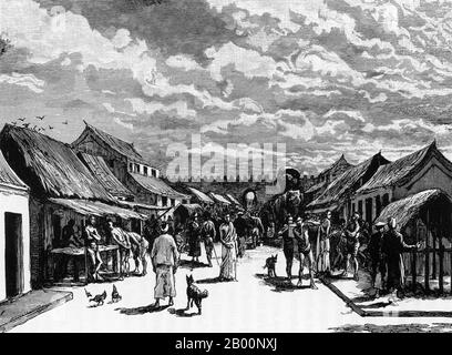 Thailandia: La Città Vecchia di Chiang mai entro le mura merlate. Incisione di un artista sconosciuto, c. 1882-1884. Paul Neis ha intrapreso una missione scientifica a Cochinchina e Laos per conto del ministro francese dell'Istruzione pubblica. Tornò a Bangkok per via di Chiang mai e della Thailandia del nord. La sua missione durò 19 mesi tra il 1882 e il 1884. Foto Stock