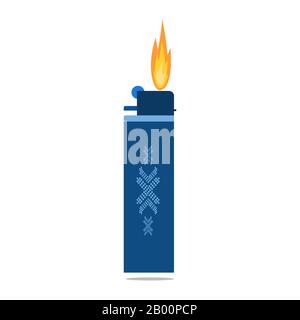 Icona dell'accendisigari. Accendino a gas con fiamma accesa Illustrazione Vettoriale
