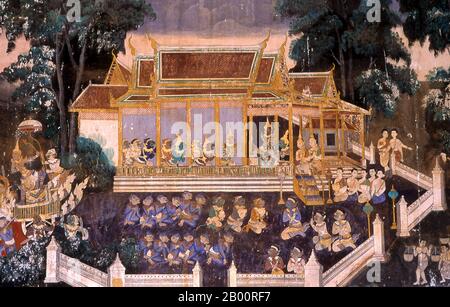 Cambogia: Gli affreschi Reamker (Ramayana) nella galleria che circonda la Pagoda d'Argento, Palazzo reale e Pagoda d'Argento, Phnom Penh. Il Ramayana ('Romance of Rama' in Sanscrito) è una storia antica come il tempo e - almeno nel subcontinente indiano e in gran parte del sud-est asiatico - di una popolarità senza pari. Più di duemila trecento anni fa lo studioso-poeta Valmiki si sedette per scrivere il suo epico definitivo di amore e guerra. Nella sua forma attuale, la versione sanscrita consiste di circa 24,000 coppie divise in sette libri. Il Reamker è la versione Khmer di questo epico. Foto Stock