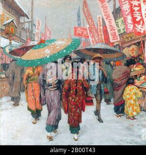 Giappone/Cecoslovacchia: 'Kyoto Street Scene in Winter'. Dipinto di T. F. Simon (1877-1942), c.. Nel 1928, Tavik Frantisek Simon (1877 – 1942), è stato un . Anche se ha sede principalmente in Europa, i suoi estesi viaggi lo hanno portato in Marocco, Ceylon (ora Sri Lanka), India e Giappone, immagini di tutti i quali appaiono nel suo lavoro artistico. Morì a Praga nel 1942. Ampiamente ignorato durante l'era comunista in Cecoslovacchia, il suo lavoro ha ricevuto più attenzione negli ultimi anni. Foto Stock