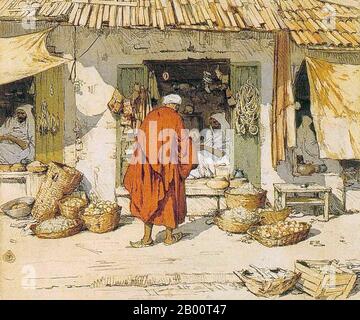 Marocco/Cecoslovacchia: "Una scena dello shopping, Tangeri". Dipinto di T. F. Simon (1877-1942), c.. Nel 1928, Tavik Frantisek Simon (1877 – 1942), è stato un . Anche se ha sede principalmente in Europa, i suoi estesi viaggi lo hanno portato in Marocco, Ceylon (ora Sri Lanka), India e Giappone, immagini di tutti i quali appaiono nel suo lavoro artistico. Morì a Praga nel 1942. Ampiamente ignorato durante l'era comunista in Cecoslovacchia, il suo lavoro ha ricevuto più attenzione negli ultimi anni. Foto Stock