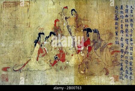 Cina: Il rotolo delle ammonizioni, scena 9 - la famiglia imperiale (copia del British Museum). Il rotolo di Admonizioni è un dipinto narrativo cinese su seta che è tradizionalmente attribuito a GU Kaizhi (c.345-c.406 CE), ma che la borsa di studio moderna considera come un'opera del V-VIII secolo che può essere una copia di un dipinto originale della dinastia Jin (265-420 CE) di GU Kaizhi. Il titolo completo del dipinto è ammonizioni dell'istruttore di corte (cinese: Nushi Zhentu). Fu dipinto per illustrare un testo poetico scritto nel 292 dal poeta ufficiale Zhang Hua (232–300). Foto Stock